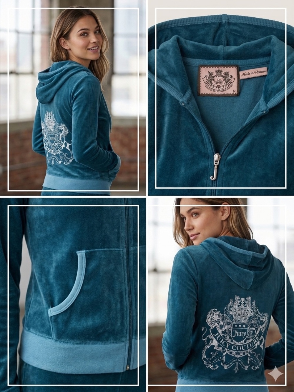 Y2K Juicy Couture Teal Velvet Zip Hoodie with J Zipper Pull (runs small) Med - Picture 2 of 10